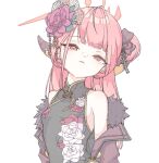 1girl 2049_(hh5566) aged_down aru_(blue_archive) blue_archive blush breasts china_dress chinese_clothes dress floral_print flower fur-trimmed_jacket fur_trim hair_bun hair_flower hair_ornament halo horns jacket off_shoulder open_clothes open_jacket parted_lips pink_hair red_eyes simple_background single_side_bun small_breasts solo white_background 