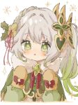  1girl :o blush bow braid brown_mittens capelet commentary_request cross-shaped_pupils earmuffs eyelashes fur-trimmed_capelet fur_trim genshin_impact gold_trim gradient_hair green_capelet green_eyes green_hair hair_between_eyes hair_intakes hair_ornament hands_up highres long_hair long_sleeves looking_at_viewer mittens mugi062 multicolored_hair nahida_(genshin_impact) open_mouth ponytail red_bow red_ribbon ribbon side_ponytail sidelocks simple_background single_braid solo sparkle streaked_hair symbol-shaped_pupils upper_body white_background white_hair 