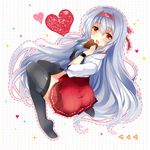  boots chocolate chocolate_heart hairband heart ichiyou_moka japanese_clothes kantai_collection long_hair looking_at_viewer miko muneate red_skirt shoukaku_(kantai_collection) silver_hair skirt solo thigh_boots thighhighs yellow_eyes 