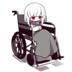  1girl book colored_skin commission funamusea_(artist) grey_skirt highres holding holding_book no_mouth original red_eyes shadow shirt short_hair sitting skeb_commission skirt solo wheelchair white_background white_hair white_shirt white_skin 