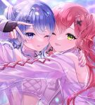  2girls ;p asymmetrical_docking blue_eyes blue_hair blurry bokeh breast_press bridal_garter commentary depth_of_field fingerless_gloves gloves green_eyes hair_ornament hairclip highres hololive hoshimachi_suisei hug jacket long_hair long_sleeves multiple_girls nail_polish official_alternate_costume one_eye_closed one_side_up pink_hair purple_nails sakura_miko see-through see-through_jacket shirt sleeveless sleeveless_shirt smile star_(symbol) star_in_eye sugar_rush_(hololive) symbol_in_eye tongue tongue_out upper_body usano v_over_eye virtual_youtuber x_hair_ornament yuri 