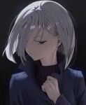  1girl black_eyes blue_coat coat earrings fiona_frost grey_hair hair_over_one_eye highres jewelry purple_sweater short_hair solo spy_x_family stud_earrings sweater tanac_mangi turtleneck turtleneck_sweater 