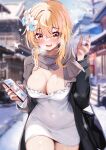  1girl artist_name black_coat blonde_hair blurry blurry_background breasts brown_scarf cleavage coat covered_navel dress fingernails flower furina_(genshin_impact) genshin_impact hair_between_eyes highres large_breasts lumine_(genshin_impact) medium_hair nail_polish open_mouth outdoors red_nails scarf smile snow solo squchan thighs white_dress white_flower yellow_eyes 