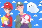  2boys baymax big_hero_6 boo brothers cosplay crossover disney ghost hat hiro_hamada luigi luigi_(cosplay) mario_(cosplay) mario_(series) marvel multiple_boys nintendo siblings star super_mario_bros. tadashi_hamada 