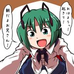  antennae blush cape girl_on_top green_eyes green_hair midori_niku open_mouth solo touhou translated wriggle_nightbug 