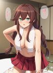  1girl braid breasts brown_hair commentary_request covered_nipples flying_sweatdrops futon green_eyes hair_between_eyes hand_on_own_hip highres ichikawa_feesu indoors kantai_collection large_breasts leaning_forward long_hair looking_at_viewer miniskirt motion_lines navel noshiro_(kancolle) open_mouth pleated_skirt red_skirt skirt solo speech_bubble sweat tatami topless towel towel_around_neck translation_request twin_braids 