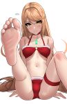  1girl absurdres alternate_costume artist_name barefoot bikini blonde_hair blush breasts brown_eyes closed_mouth collarbone feet foot_focus foot_out_of_frame fur-trimmed_bikini fur_trim highres knee_up leg_up long_hair looking_at_viewer micro_bikini mythra_(xenoblade) navel o-ring o-ring_bikini red_bikini shadow sidelocks simple_background sitting smile soles solo stomach swept_bangs swimsuit thigh_strap toes underboob very_long_hair white_background x_xith_x xenoblade_chronicles_(series) xenoblade_chronicles_2 yellow_eyes 