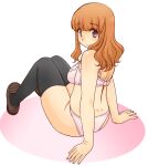  arm_support back black_thighhighs blunt_bangs blush bra breasts brown_eyes brown_footwear commentary dimples_of_venus girls_und_panzer groin legs loafers long_hair looking_at_viewer looking_back orange_hair panties pink_bra pink_panties shoes sitting smile takebe_saori thighhighs thighs underwear uona_telepin wavy_hair white_background 