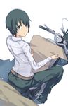 1girl artist_request belt dress_shirt hermes kino kino_no_tabi looking_at_viewer looking_back motorcycle pants paper short_hair simple_background sitting solo tomboy 
