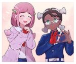  2girls amarys_(pokemon) arched_bangs black_hair blue_gakuran blueberry_academy_school_uniform braid buttons cardigan chiimako closed_mouth dark-skinned_female dark_skin expressionless gakuran glasses gloves green_eyes hair_ornament hairclip heart heart_hands lacey_(pokemon) long_sleeves medium_hair multicolored_hair multiple_girls open_clothes open_mouth orange_lips own_hands_clasped own_hands_together pink_hair pokemon pokemon_sv quad_tails red_gloves school_uniform semi-rimless_eyewear single_braid single_glove smile two-tone_hair 