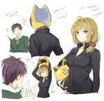  /\/\/\ 1boy 1girl ? ahoge alternate_costume animal_helmet bad_id bad_pixiv_id biker_clothes bikesuit black_bodysuit black_hair blank_eyes bodysuit breasts brown_eyes brown_hair celty_sturluson celty_sturluson_(cosplay) cleavage cosplay durarara!! gekkan_shoujo_nozaki-kun headwear_removed helmet helmet_removed korean long_hair medium_breasts mery_(apfl0515) motorcycle_helmet open_mouth ponytail removing_helmet sawashiro_miyuki scrunchie seiyuu_connection seo_yuzuki short_hair simple_background spiked_hair surprised sweater_vest translated wakamatsu_hirotaka white_background 