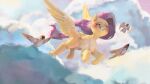 absurd_res avian bird bodily_fluids cloud day equid equine female feral fluttershy_(mlp) friendship_is_magic hair hasbro hi_res horse mammal my_little_pony oscine passerine pegasus pink_hair pony sky smile solo sparrow tea_patriarch tears wings yellow_body