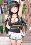  1girl absurdres arm_up black_choker black_gloves black_hair blush book bookshelf breasts choker choukai_(kancolle) choukai_kai_ni_(kancolle) cleavage glasses gloves hat headgear highres holding holding_book kantai_collection kuromayu large_breasts long_hair looking_up mini_hat miniskirt open_mouth pleated_skirt red_eyes skirt solo 