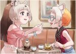  2girls animal_ear_fluff animal_ears bare_shoulders black_hair blush border brown_hair cake clothing_cutout contemporary extra_ears facing_another feeding food fork glasses highres holding holding_fork indoors japanese_marten_(kemono_friends) kemono_friends long_hair looking_at_another multicolored_hair multiple_girls official_alternate_costume open_clothes open_mouth orange_hair purple_eyes sable_(kemono_friends) scrunchie shirt shoulder_cutout sitting sleeveless smile table toriny white_border white_hair wrist_scrunchie 