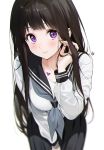  1girl black_hair black_sailor_collar black_skirt blunt_bangs blush chitanda_eru closed_mouth grey_neckerchief heart highres hyouka kamiyama_high_school_uniform_(hyouka) leaning_forward long_hair long_sleeves mery_(yangmalgage) neckerchief pleated_skirt purple_eyes sailor_collar school_uniform shirt simple_background skirt solo white_background white_shirt 