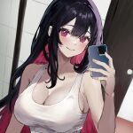  1girl artist_name black_hair blush breasts camisole cleavage closed_mouth collarbone colored_inner_hair crop_top holding holding_phone long_hair multicolored_hair original phone photo-referenced pink_eyes pink_hair selfie smile solo white_camisole y_uunaa 