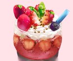  berry drinking_straw food food_focus fruit ice_cream_cup leaf no_humans original pink_background still_life strawberry strawberry_slice tsubasawings whipped_cream 