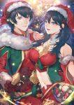  1boy 1girl absurdres black_hair blue_eyes breasts byleth_(female)_(fire_emblem) byleth_(female)_(frosty_professor)_(fire_emblem) byleth_(fire_emblem) byleth_(male)_(fire_emblem) byleth_(male)_(frosty_professor)_(fire_emblem) character_doll christmas fire_emblem fire_emblem:_three_houses fire_emblem_heroes hat highres large_breasts looking_at_viewer medium_hair midriff mistletoe navel oas official_alternate_costume santa_costume santa_hat smile sothis_(fire_emblem) sothis_(winter)_(fire_emblem) sword upper_body weapon 