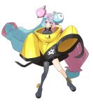  1girl absurdres bow-shaped_hair character_hair_ornament full_body grey_pantyhose hair_ornament hexagon_print highres iono_(pokemon) jacket long_hair looking_at_viewer low-tied_long_hair multicolored_hair oversized_clothes pantyhose pokemon pokemon_sv sharp_teeth simple_background single_leg_pantyhose sleeves_past_fingers sleeves_past_wrists smile solo split-color_hair surr_ealist teeth two-tone_hair very_long_hair very_long_sleeves white_background x yellow_jacket 