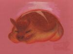 2023 ambiguous_gender bread breadfluff brown_body eyes_closed federalchemical1728 feral fluffy_pony fluffy_pony_(species) food food_creature full-length_portrait lying mammal on_front pink_background portrait quadruped simple_background sleeping solo sourdough steam traditional_media_(artwork) watermark