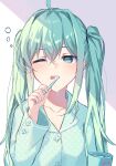  1girl absurdres ahoge blue_eyes blue_hair blush brushing_teeth cup hatsune_miku highres holding holding_toothbrush kurobikari long_hair long_sleeves mug one_eye_closed open_mouth pajamas solo toothbrush twintails upper_body vocaloid 