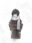  1boy black_hair coat death_note duffel_coat grey_scarf h_oney_3 hair_between_eyes highres l_(death_note) male_focus scarf short_hair solo 