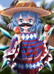  1girl alternate_costume blue_eyes blue_hair blurry blurry_background blush brown_headwear cirno commentary_request cowboy_shot fake_facial_hair fake_mustache hair_between_eyes hat highres holding_maraca ice ice_wings instrument looking_at_viewer maracas medium_bangs mexican_clothes multicolored_clothes open_mouth poncho ruu_(tksymkw) short_hair smile solo sombrero touhou wings 