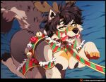 anthro areola aycee bed_sheet bedding breasts brown_hair canid canine canis christmas collar colored_nails female fur hair hi_res holidays kneeling looking_at_viewer mammal multicolored_body multicolored_fur nails reindeer_costume sandra_(roanoak) solo wolf
