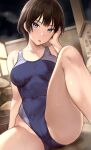  1girl black_hair blue_eyes blue_one-piece_swimsuit breasts commentary_request competition_swimsuit feet_out_of_frame hand_on_own_face knee_up looking_at_viewer medium_breasts mole mole_on_neck night one-piece_swimsuit onsen original serizawa_(serizawaroom) short_hair sitting solo spread_legs steam swimsuit tongue tongue_out two-tone_swimsuit wet wet_clothes wet_swimsuit 