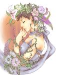  1girl brown_hair closed_eyes dress flower flower_request grey_dress hand_up highres morning_glory nanaojam-time natsuyuki_rendezvous plant shimao_rokka short_hair simple_background sleeveless sleeveless_dress solo very_short_hair vines 