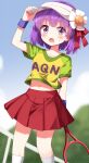  1girl alternate_costume arm_up commentary_request flower hair_flower hair_ornament hieda_no_akyuu highres midriff miniskirt open_mouth pleated_skirt purple_eyes purple_hair racket red_skirt ruu_(tksymkw) short_hair skirt socks solo tennis_racket touhou 