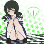  1girl annosada black_hair black_rock_shooter blush checkered checkered_floor female green_eyes hands_on_knees long_hair no_panties pussy school_uniform serafuku shoes skirt smile socks solo squatting star takanashi_yomi uncensored upskirt 