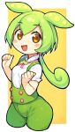  1girl :3 bachera blush blush_stickers breasts brown_eyes cropped_legs green_hair green_shorts highres long_hair looking_at_viewer low_ponytail open_mouth pea_pod shorts small_breasts smile solo suspender_shorts suspenders two-tone_background voicevox zundamon 