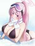  1girl :&lt; absurdres ass bad_anatomy bare_arms bare_shoulders bikini bitseon black_bikini blue_archive blush breasts cleavage closed_mouth eimi_(blue_archive) eimi_(swimsuit)_(blue_archive) goggles goggles_on_head halo highres large_breasts long_hair official_alternate_costume pink_eyes pink_hair pink_halo ponytail scarf solo swimsuit very_long_hair white_scarf 