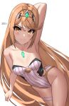  1girl absurdres arm_up armpits artist_name bare_shoulders blonde_hair breasts brown_eyes chest_jewel choker closed_mouth collarbone eyelashes gold_trim highres leaning_to_the_side long_hair looking_at_viewer medium_breasts mythra_(radiant_beach)_(xenoblade) mythra_(xenoblade) official_alternate_costume one-piece_swimsuit ribbed_swimsuit simple_background smile solo strapless strapless_one-piece_swimsuit swept_bangs swimsuit thigh_strap thighs very_long_hair white_background white_choker white_one-piece_swimsuit x_xith_x xenoblade_chronicles_(series) xenoblade_chronicles_2 yellow_eyes 