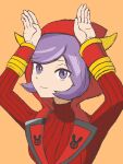  1girl courtney_(pokemon) cowlick dress fake_horns hands_up highres hood hood_up hooded_vest hoodie horned_headwear horned_hood horns long_sleeves mikan_(mikan_no_happa) pokemon pokemon_oras purple_eyes purple_hair raised_eyebrows red_dress red_sweater ribbed_dress ribbed_sweater sweater team_magma team_magma_uniform vest 