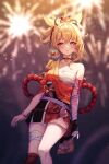  1girl aerial_fireworks arm_tattoo atychi backlighting bandaged_arm bandaged_leg bandages blonde_hair blurry bracelet breasts chest_tattoo choker cleavage collarbone commentary_request dangle_earrings depth_of_field earrings fireworks genshin_impact hadanugi_dousa hair_between_eyes hair_ornament highres japanese_clothes jewelry kimono long_hair looking_at_viewer night night_sky obi outdoors parted_lips pendant_choker ponytail pouch red_choker sarashi sash short_kimono sidelocks single_earring sky solo tattoo yellow_eyes yoimiya_(genshin_impact) 