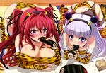  absurdres animal_print ass blush boots breasts bridal_gauntlets cleavage detached_sleeves fake_horns food food_on_face garter_belt hairband highres large_breasts makizushi mamemaki multiple_girls naruse_maria naruse_mio non-web_source nyantype official_art oni_horns panties purple_eyes red_eyes red_hair ribbon rice rice_on_face setsubun shinmai_maou_no_testament silver_hair skindentation sushi tears thigh_boots thighhighs tiger_print tongue tongue_out two_side_up umetsu_yukinori underwear 