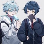  2boys :o ahoge backpack bag black_bag black_wristband blue_cardigan blue_eyes blue_hair buttons cardigan chongyun_(genshin_impact) chongyun_(gigo)_(genshin_impact) collared_shirt colored_eyelashes commentary_request drawstring food genshin_impact grey_background hair_between_eyes hand_up highres holding holding_food holding_popsicle hood hood_down hoodie long_sleeves looking_at_viewer male_focus multiple_boys necktie official_alternate_costume open_mouth popsicle puffy_long_sleeves puffy_sleeves red_necktie school_uniform shirt short_hair simple_background sleeves_past_wrists smile souju67 white_hoodie white_shirt wristband xingqiu_(genshin_impact) xingqiu_(gigo)_(genshin_impact) yellow_eyes 
