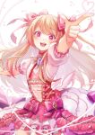  1girl blonde_hair breasts chaos_marie_(grimms_notes) cleavage commentary flower frills grimms_notes hair_ribbon heart heart-shaped_pupils jewelry long_hair necklace open_mouth pink_eyes puffy_sleeves ra_ekk ribbon rose smile solo symbol-shaped_pupils teeth upper_teeth_only wand weapon white_background 