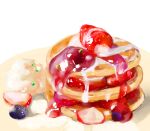  blueberry food food_focus fruit no_humans original pancake pancake_stack plate still_life strawberry strawberry_syrup syrup tsubasawings white_background 