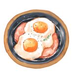  food food_focus fried_egg ham hasegawa_(morebeer) highres meat no_humans original plate simple_background still_life white_background 
