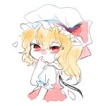  1girl black_wings blonde_hair blush bow collared_shirt crystal_wings eyelashes finger_in_own_mouth flandre_scarlet frilled_headwear frilled_shirt_collar frilled_sleeves frills from_side hair_down hat hat_bow heart long_hair looking_at_viewer mob_cap nose_blush puffy_short_sleeves puffy_sleeves red_bow red_eyes red_vest shirt short_sleeves simple_background sketch sleeve_bow solo suzune_hapinesu touhou upper_body vest white_background white_bow white_headwear white_shirt white_sleeves wings 