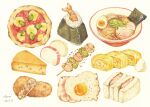  bowl cheese food food_focus fried_egg momonga311036 no_humans noodles original painting_(medium) pizza pork ramen shrimp skewer still_life sushi tomato_sauce traditional_media watercolor_(medium) white_background 