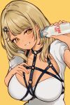  1girl absurdres between_breasts black_collar blonde_hair blush bottle breasts chest_belt chest_harness collar dark-skinned_female dark_skin dress grin gyaru hair_ornament hand_on_own_chest harness highres holding holding_bottle implied_breast_milk kaminari_qpi large_breasts light_smile looking_at_viewer milk milk_bottle o-ring orange_eyes puffy_short_sleeves puffy_sleeves purelove_acc short_sleeves simple_background smile solo upper_body virtual_youtuber vspo! white_dress x_hair_ornament yellow_background yellow_eyes 