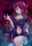  1girl absurdres bat_(animal) blue_eyes breasts cleavage clothing_cutout dress duel_monster hand_in_own_hair hand_up highres kanzakietc knee_up multicolored_hair navel_cutout purple_hair red_eyes red_hair short_sleeves sitting smile solo vampire_fascinator yu-gi-oh! 