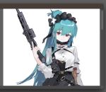  1girl art_program_in_frame assault_rifle astg black_bow black_mask blue_hair bow ear_piercing girls&#039;_frontline gun hair_bow holding holding_gun holding_weapon long_hair looking_at_viewer mask mask_pull mole mole_under_eye mouth_mask piercing ponytail red_eyes rifle scr_(girls&#039;_frontline) shirt simple_background solo weapon white_background white_shirt 
