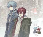  2boys alternate_costume blue_hair braid coat fujo0t4ku grey_coat grey_scarf highres hood hoodie long_sleeves looking_at_viewer maeno_aki male_focus multiple_boys open_mouth red_eyes red_hair scarf short_hair short_hair_with_long_locks snow snowing ushirono_fuyu white_hoodie zeno_(game) 