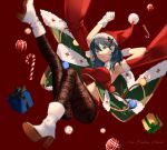  1girl blue_hair box breasts brown_pantyhose byleth_(female)_(fire_emblem) byleth_(female)_(frosty_professor)_(fire_emblem) byleth_(fire_emblem) candy candy_cane cape commentary copyright_name fire_emblem fire_emblem:_three_houses fire_emblem_heroes food fur-trimmed_cape fur-trimmed_gloves fur-trimmed_headwear fur_trim gift gift_box gloves green_cape hair_between_eyes hat high_heels large_breasts long_hair looking_at_viewer midriff official_alternate_costume pantyhose purple_eyes red_background red_headwear santa_costume santa_hat sb_(sbixinsky) simple_background solo white_footwear white_gloves 