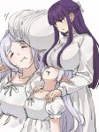  2girls breast_rest breasts breasts_on_head chinese_commentary closed_eyes commentary_request dress drooling earrings elf fafayu fern_(sousou_no_frieren) frieren half_updo highres jewelry large_breasts long_hair long_sleeves mouth_drool multiple_girls pointy_ears pout puffy_short_sleeves puffy_sleeves purple_eyes purple_hair short_sleeves sidelocks simple_background sousou_no_frieren white_background white_dress white_hair 
